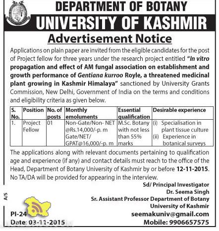 Project Fellow Jobs in DEPARTMENT OF BOTANY UNIVERSITY OF KASHMIR