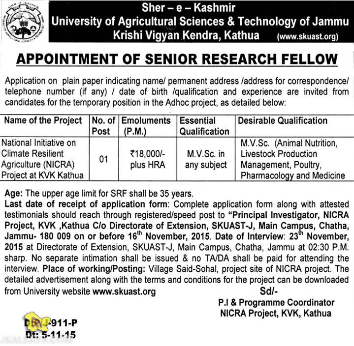 Jobs in Sher-e-Kashmir University of Agricultural Sciences & Technology of Jammu