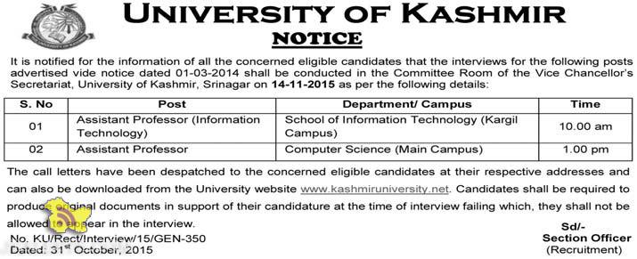 University of Kashmir Assistant Professor interviews Notification
