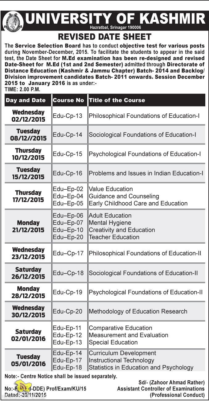 UNIVERSITY OF KASHMIR REVISED DATE SHEET for M.Ed (1st and 2nd Semester)