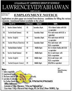 EMPLOYMENT NEWS JOBS IN LAWRENCE VIDYA BHAWAN (SRINAGAR )