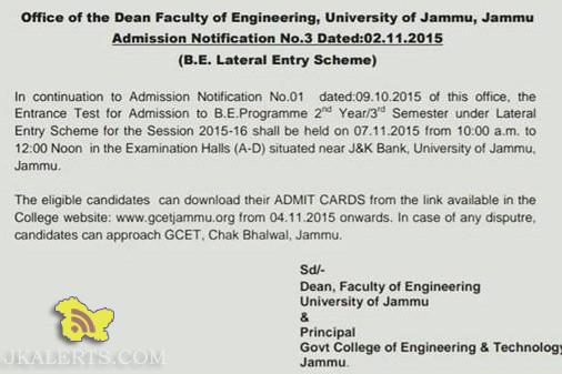 Jammu University Entrance Test for Admission to B.E Programme, lateral entry Scheme