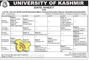 UNIVERSITY OF KASHMIR DATE SHEET FOR LL.B 1st, 2nd ,3rd ,4th,5th and 6th Semesters