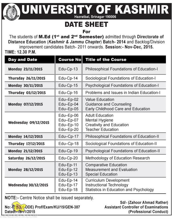 DATE SHEET For The students of M.Ed (1st and 2nd Semester) Kashmir University