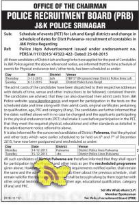 J&k POLICE RECRUITMENT BOARD Schedule of events (PET) for Leh and Kargil