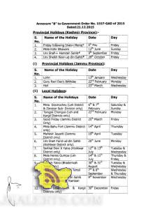 Jammu and Kashmir Government Holidays List 2016