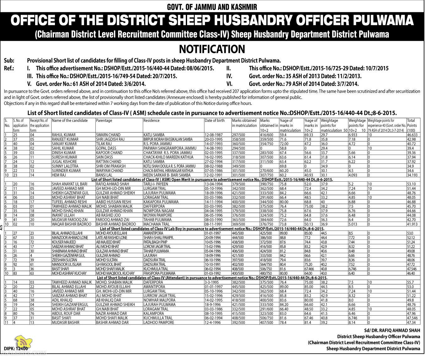 JKPSC Provisional Short list of candidates for filling of Class-IV posts in sheep Husbandary