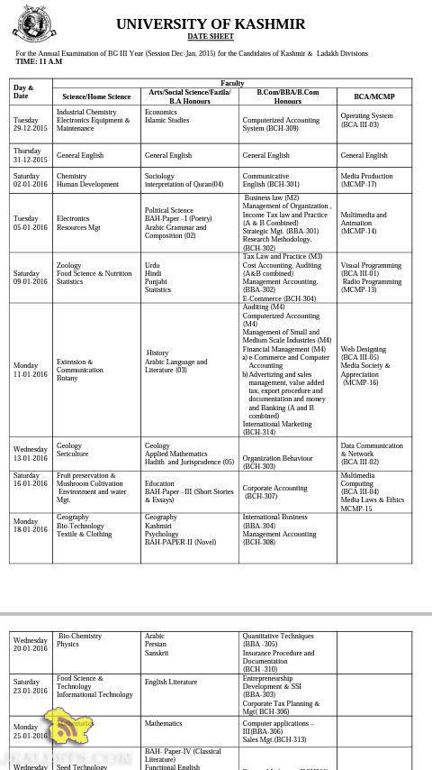 Kashmir University Date Sheet for B.G 3rd year Annual Examination Kashmir and Ladakh Divisions