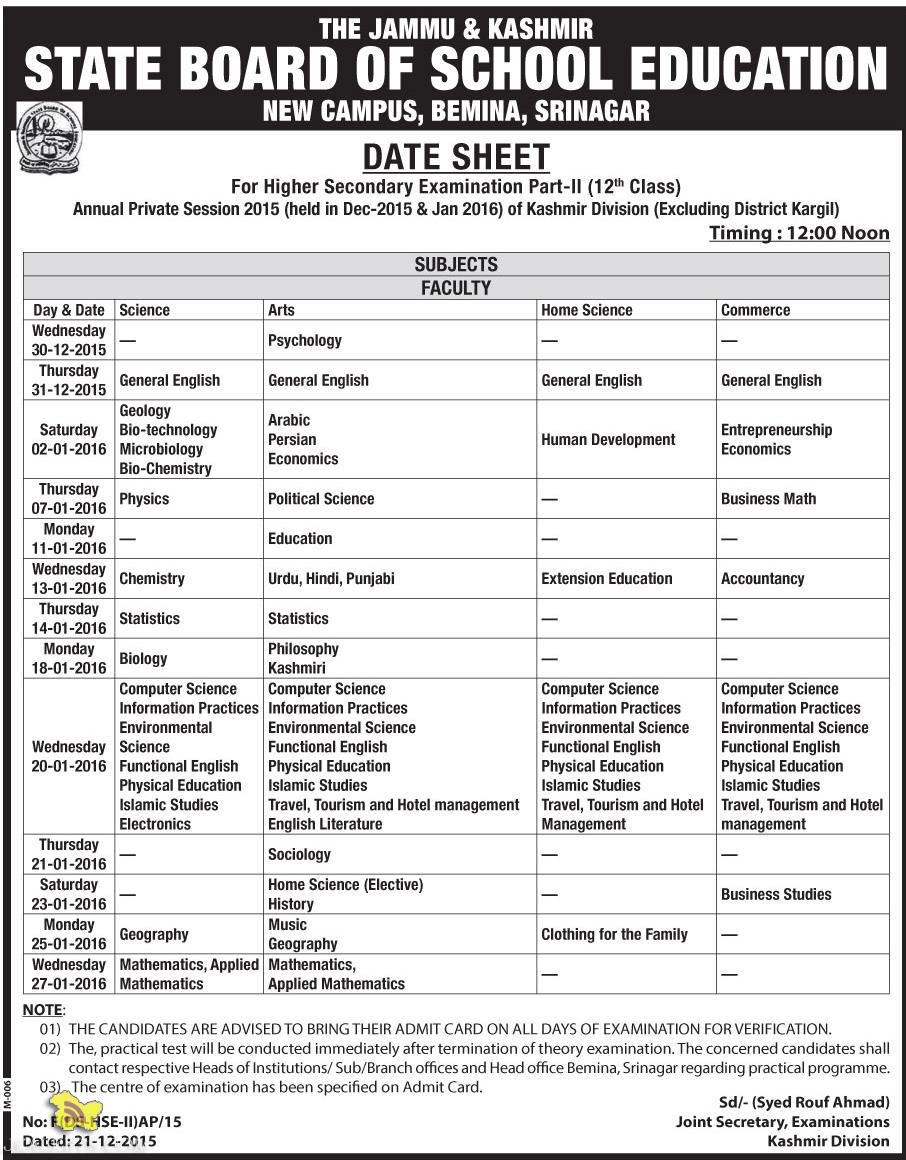 JKBOSE DATE SHEET 12th Class Annual Private Session 2015 Kashmir Division