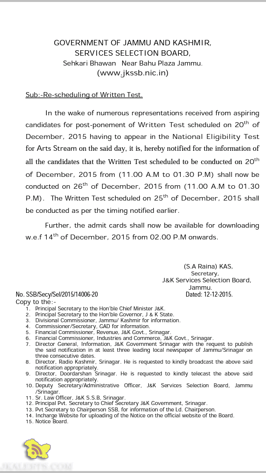 JKSSB post-ponement of Written Test scheduled on 20th of December
