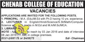 PRINCIPAL, LECTURER, LIBRARIAN JOBS IN CHENAB COLLEGE OF EDUCATION