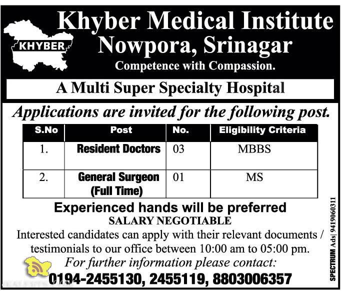 Doctors, Surgeon Jobs in Khyber Medical Institute Nowpora, Srinagar