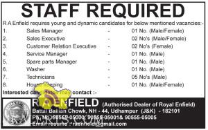 STAFF REQUIRED R A Enfield requires young and dynamic candidates