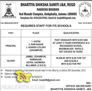 BHARTIYA SHIKSHA SAMITI J&K, REQUIRES STAFF FOR ITS SCHOOLS