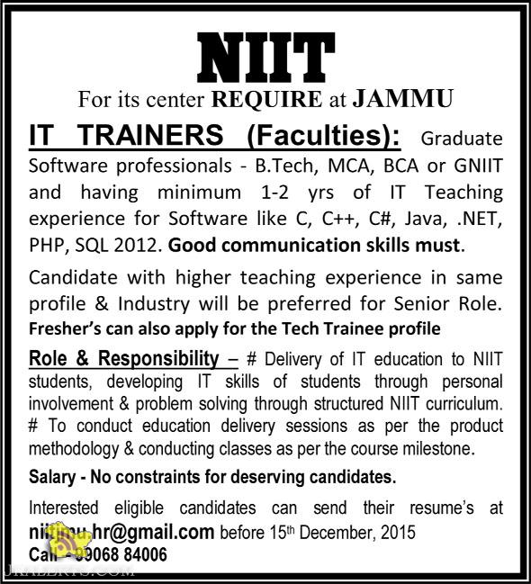 NIIT REQUIRE IT TRAINERS AT JAMMU