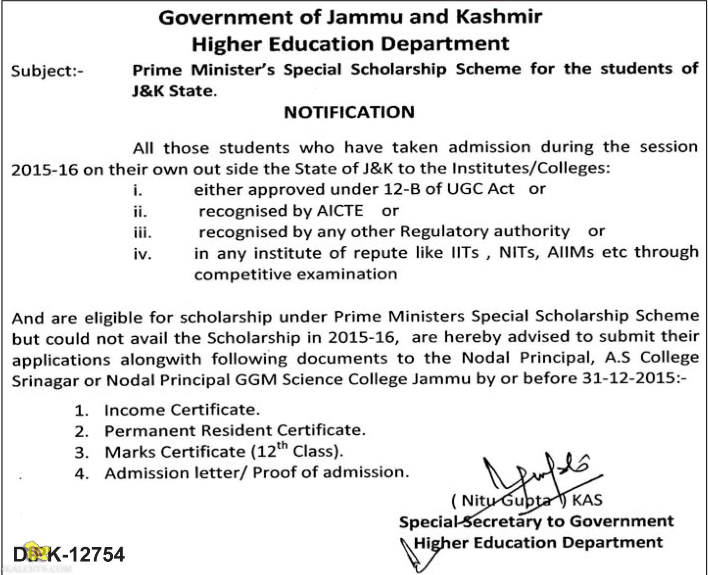 Prime Minister’s Special Scholarship Scheme for the students of J&K State