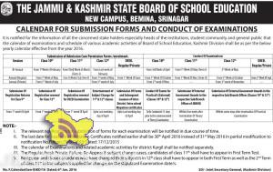 JKBOSE CALENDAR FOR SUBMISSION FORMS AND CONDUCT OF EXAMINATIONS