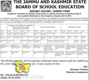 JKBOSE Academic Calendar for Jammu Division Kargil & Leh (Ladakh) for the Academic Session 2015-2016