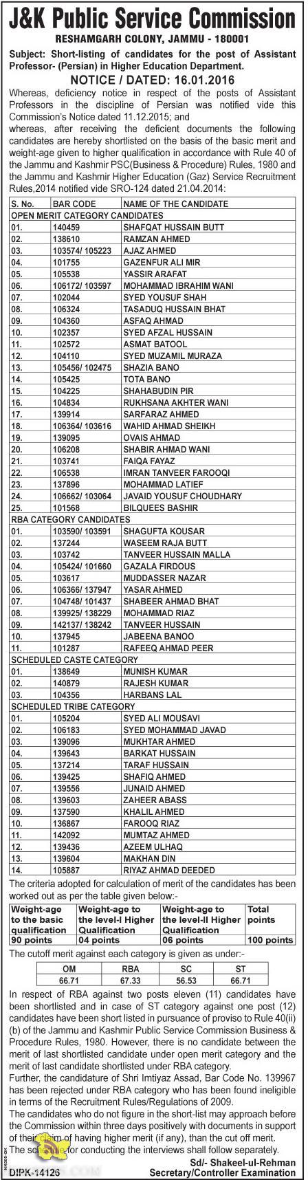 JKSSB Short Listing of candidatesof Assistant Professor- (Persian) in Higher Education Department.