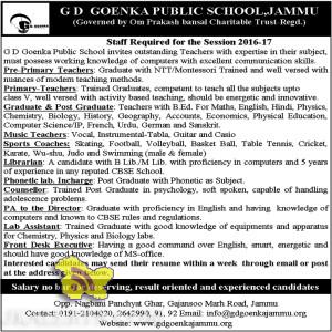 JOBS IN G D GOENKA PUBLIC SCHOOL , JAMMU