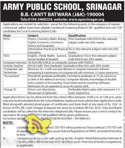 JOBS IN ARMY PUBLIC SCHOOL, SRINAGAR B.B. CANTT BATWARA (J&K)