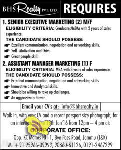 ASSISTANT MANAGER, SENIOR EXECUTIVE MARKETING JOBS IN BHS Realty