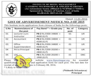 JOBS IN INSTITUTE OF HOTEL MANAGEMENT CATERING TECHNOLOGY & APPLIED NUTRITION SRINAGAR
