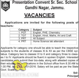 Jobs in Presentation Convent Sr. Sec. School Gandhi Nagar, Jammu