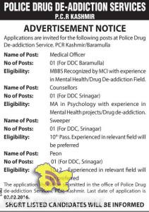 Jobs in Police Drug De-addiction Service. PCR Kashmir/Baramulla