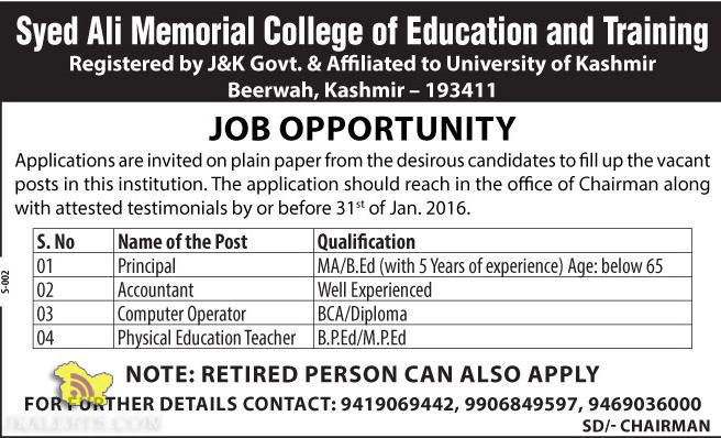 Jobs in Syed Ali Memorial College of Education and Training
