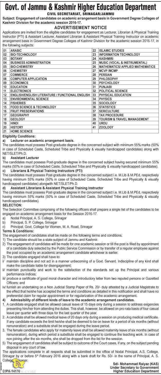 Academic arrangement in Government Degree Colleges of Kashmir Division 2016-17