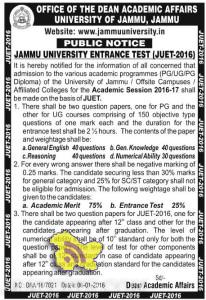 JAMMU UNIVERSITY ENTRANCE TEST [JUET-2016] for PG / UG / PG Diploma