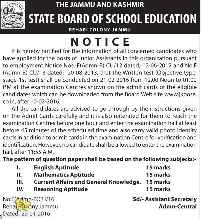 JKBOSE Notification for candidates who have applied for the posts of Junior Assistants