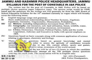 WRITTEN TEST SYLLABUS FOR THE POST OF CONSTABLE IN J&K POLICE