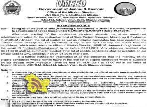 INTERVIEW NOTICE Filling up of SPM (Monitoring & Evaluation) in JKSRLM (Umeed)