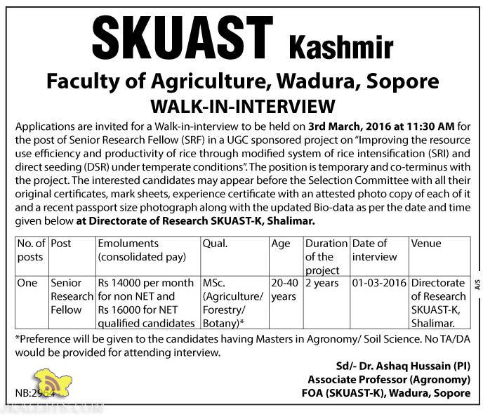 WALK-IN-INTERVIEW IN SKUAST Kashmir, Faculty of Agriculture,