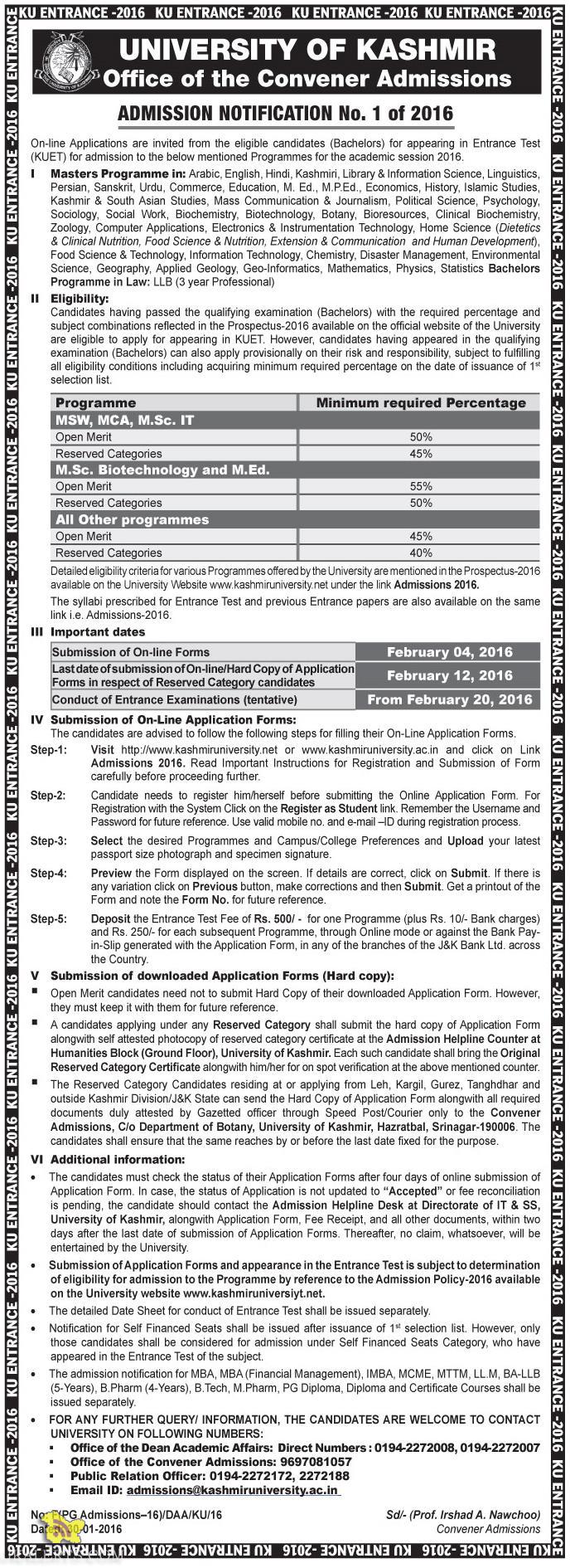 Kashmir university On-line Applications are invited from appearing in Entrance Test