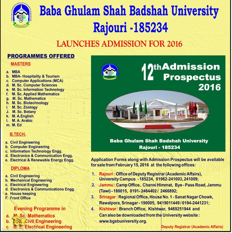 Admission open in Baba Ghulam Shah Badshah University Rajouri