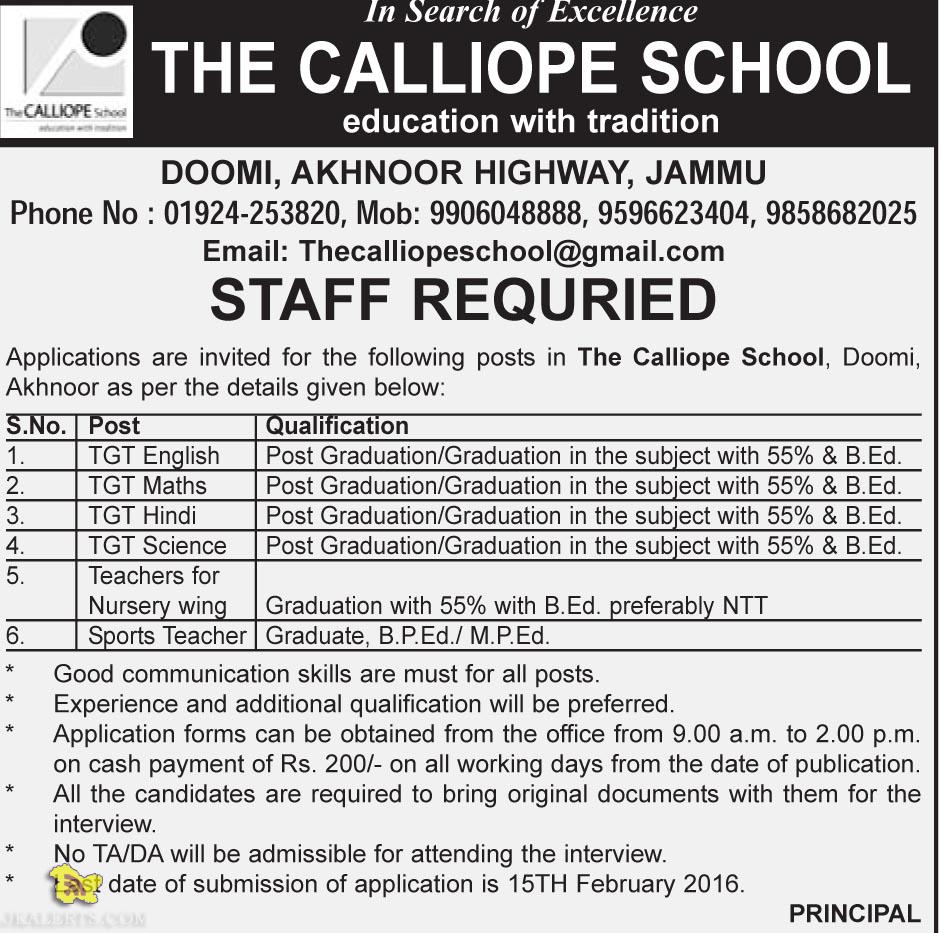 Teaching jobs in THE CALLIOPE SCHOOL Akhnoor Jammu