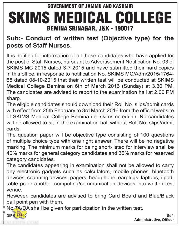 SKIMS Conduct of written test (Objective type) for the posts of Staff Nurses