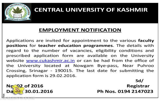 Jobs in Central university of kashmir 2016
