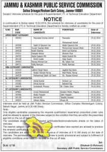 JKPSC Interview schedule for the post of Superintendent ITI in Technical Education Department.