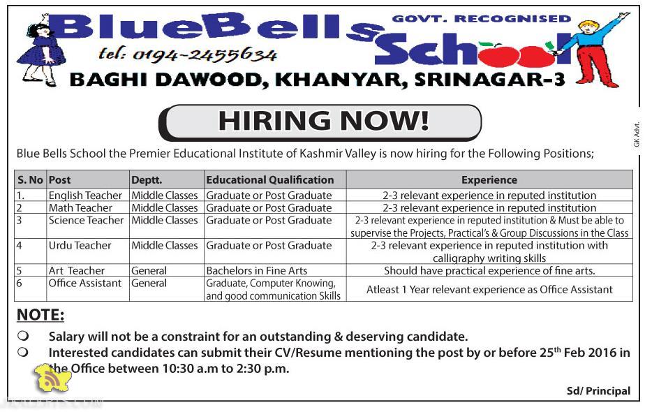 Jobs in Blue Bells School the Premier Educational Institute of Kashmir