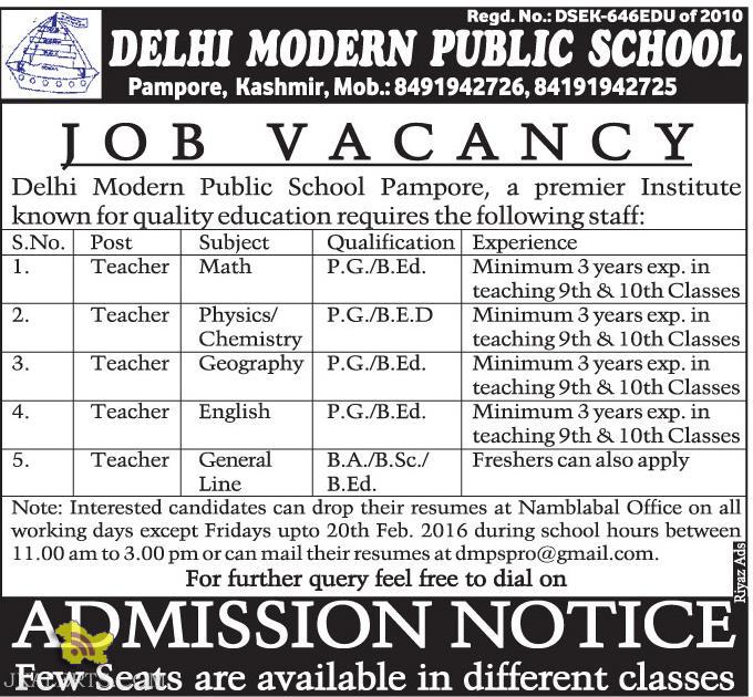 JOBS IN DELHI MODERN PUBLIC SCHOOL