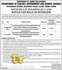 JOBS IN GOVT DEPARTMENT OF ECOLOGY, ENVIRONMENT AND REMOTE SENSING