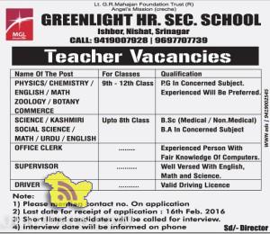 JOBS IN GREEN LIGHT HR. SEC. SCHOOL