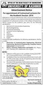 Lecturers Jobs in University of Kashmir, academic session 2016