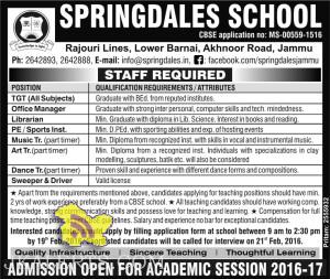 JOB IN SPRINGDALES SCHOOL Akhnoor Road, Jammu
