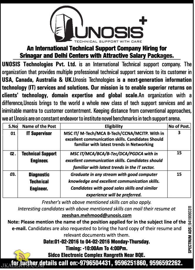 IT Supervisor, Technical Support Engineer, Diagnostic Technical Engineer jobs in srinagar