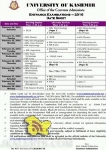 University of Kashmir Entrance Examinations - 2016 Date Sheet